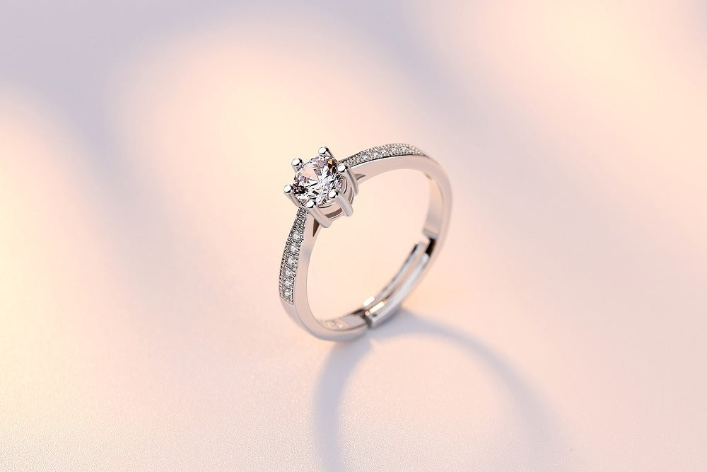 Six Prong Round Zircon Ring Metal Vintage Star Shape Electroplating Birthday Jewelry Six Prong Round Zircon Ring