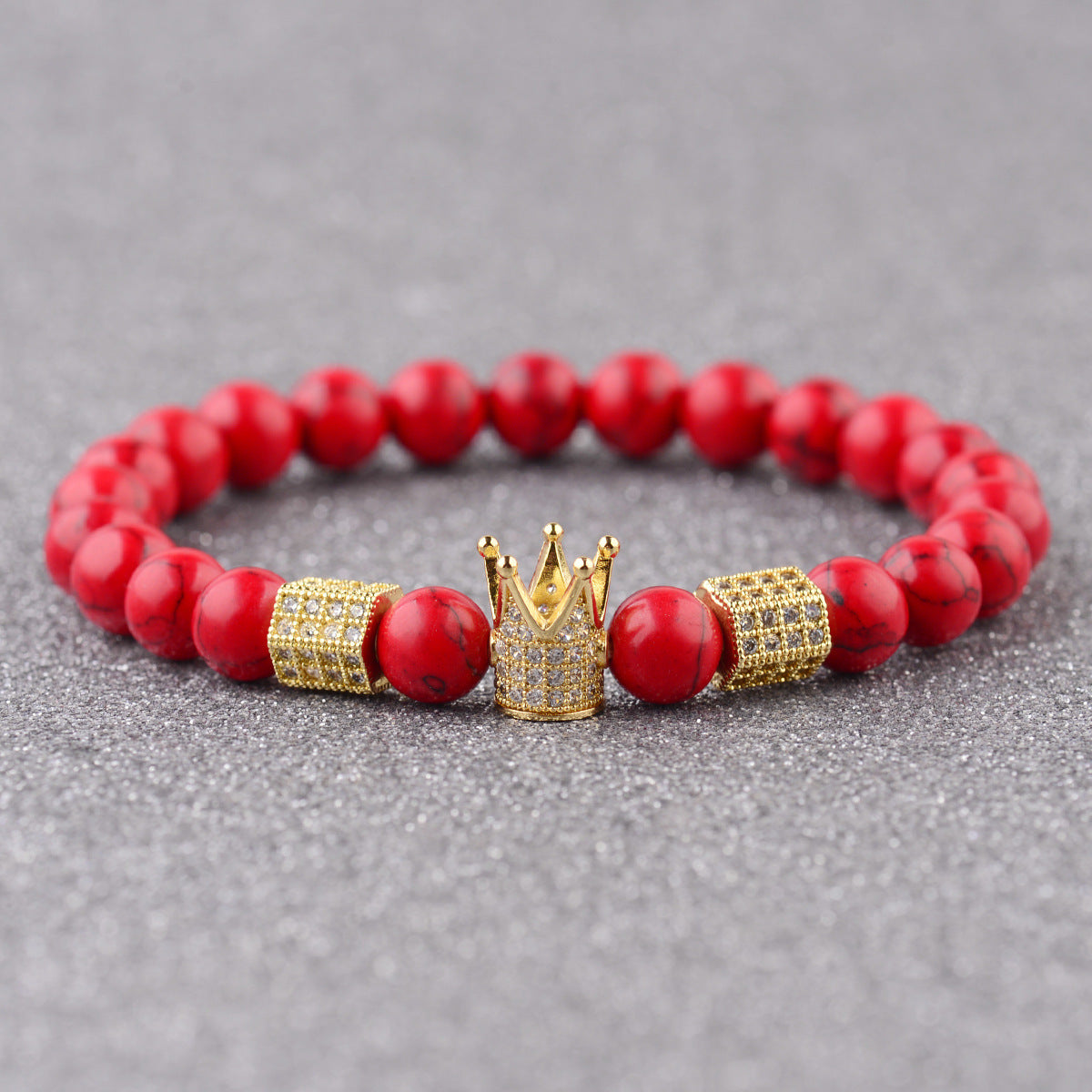Red Pine Wood Bracelet With Copper Crown And Red Turquoise Accents Micro Inlaid White Zircon Elastic Cord Glow