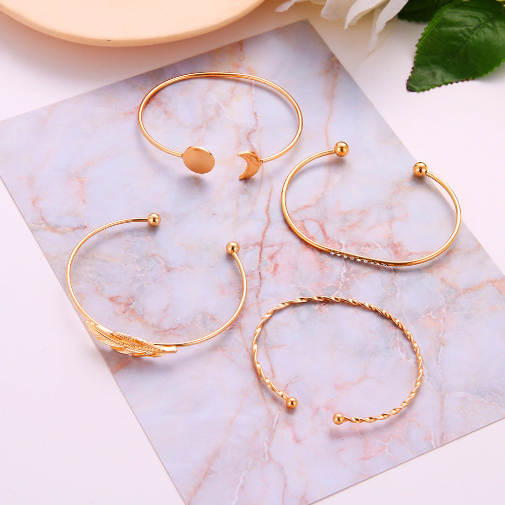 Unisex Electroplated Alloy Bracelet Korean Geometric Design Moon Inlay Leaf Inlay Brick Pattern Wristband Fashion