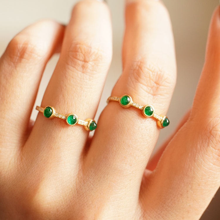 Sterling Silver Green Gemstone Ring For Women Vintage Geometric Electroplated Gold Finish S925 Jewelry Gift Box