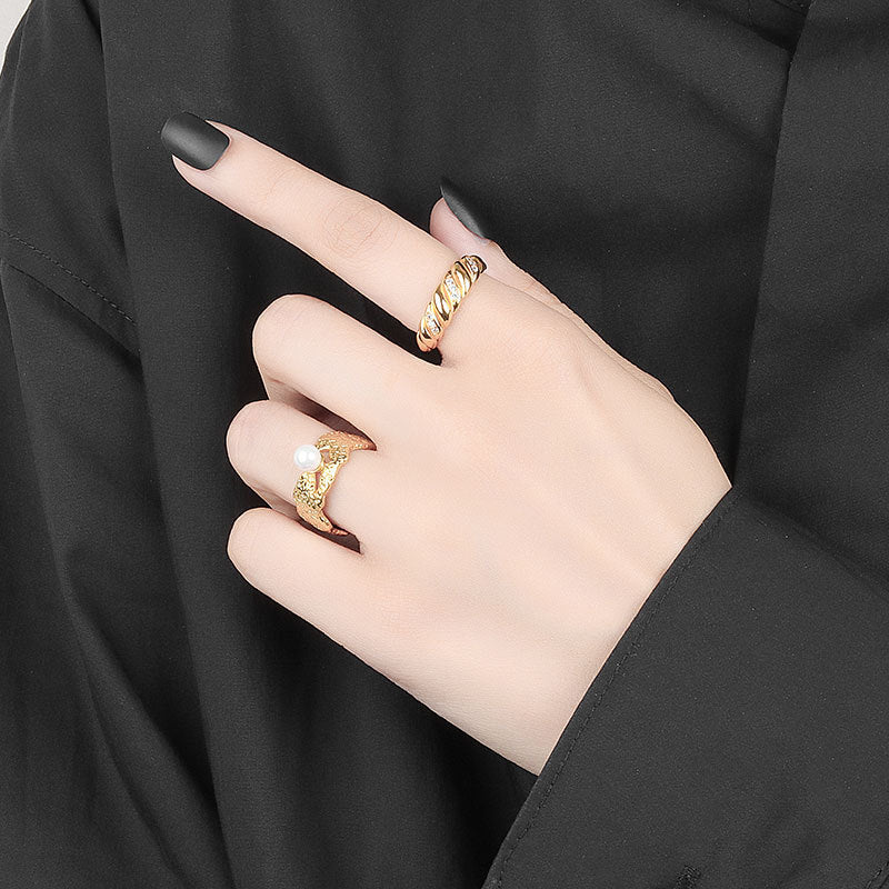 Women's Adjustable Pearl Ring Trendy Irregular Bump Tin Foil Copper Geometrical Jewelry Pearl Inlay White Gold