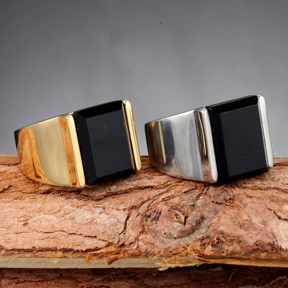 Titanium Steel Ring With Black Gemstone Geometric Vintage Electroplated Band For Men Durable Everyday Wear Now