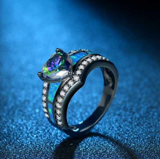Heart Ring with Colorful Zircon Copper Blue Fire Inlay Anniversary Promise Jewelry Gift for Her for Daily Wear