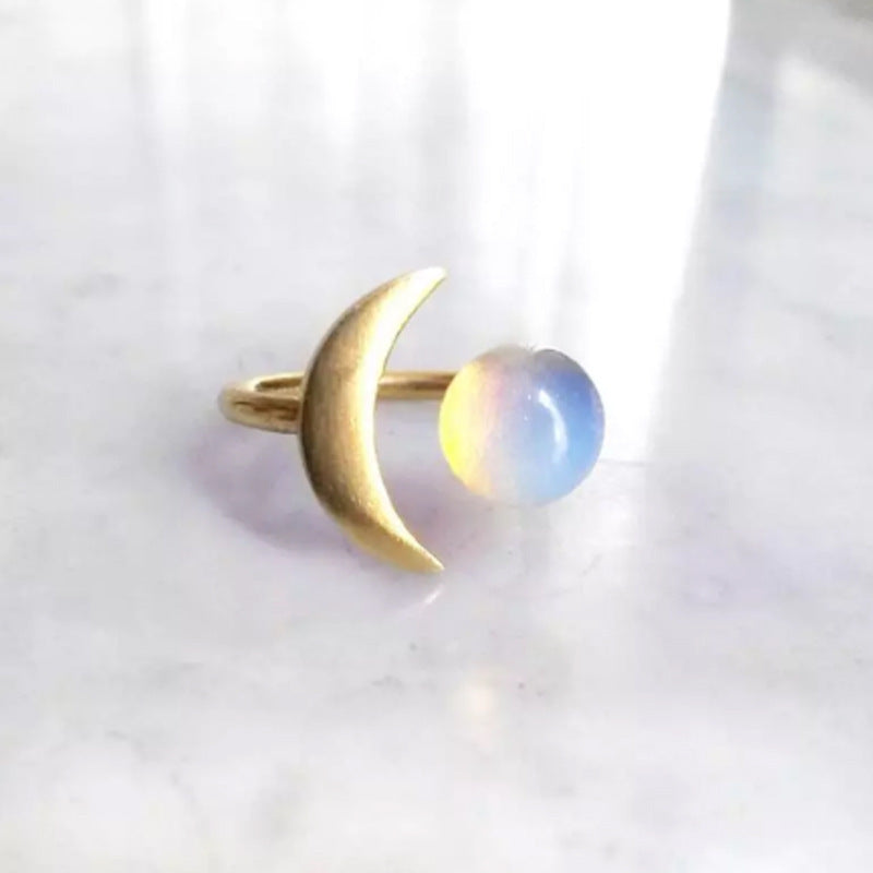 Gold Moon Ring With White Stone Adjustable Fashion Geometric Ring For Women And Girls Elegant Alloy Shiny Ring