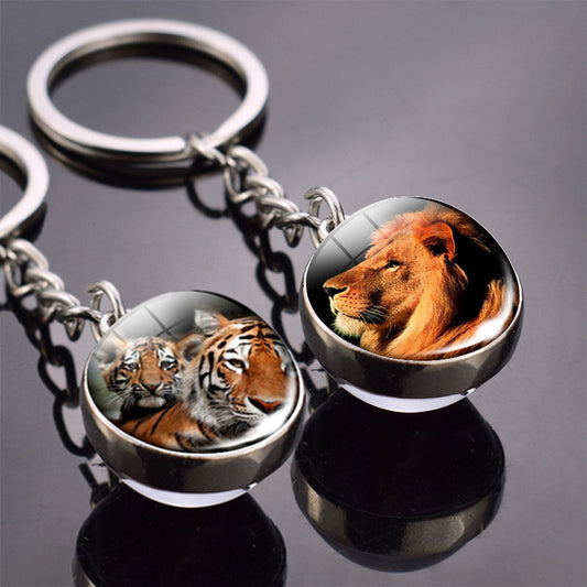 Animal Key Chain Double Sided Glass Ball Pendant Metal Key Ring Unisex Accessories Donkey Rabbit Giraffe Dolphin Fox