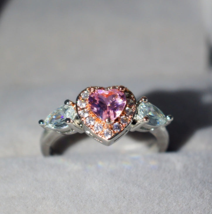 Women's Pink Peach Heart Ring Zircon Inlaid Rose Gold Plated Jewelry Lux Dainty Fashion Accessory Gift For Her