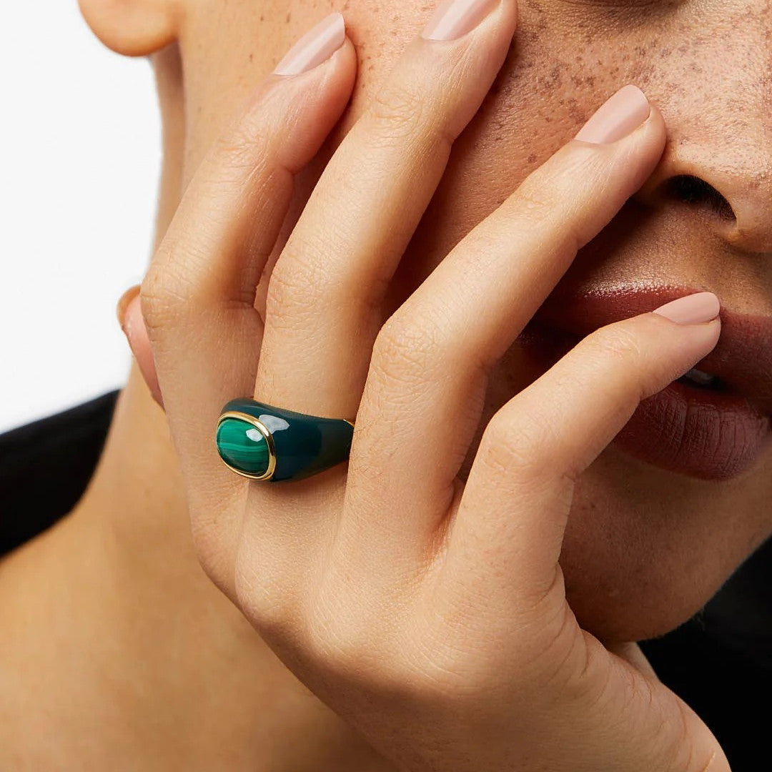 Geometric Ring In 18K Gold Plated Copper With Natural Malachite Inlay And White Shell Inlay For Women Timeless