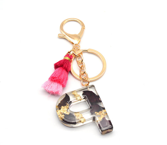 Resin Floral Keychain With Tassel Pendant Black Rose Design Durable Craftsmanship Initial Letter Bag Accessory