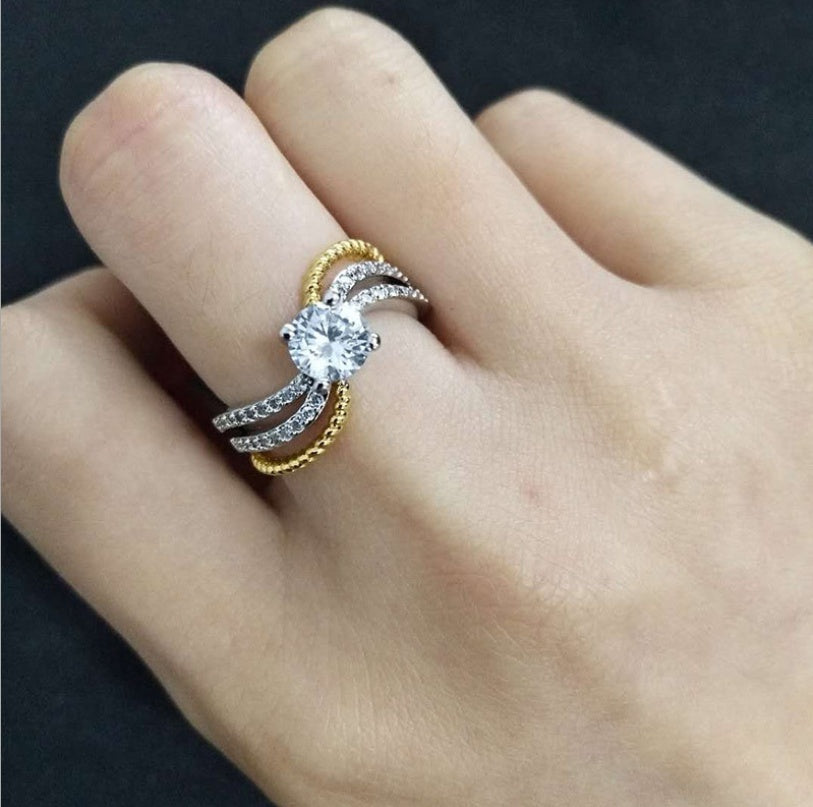 Women Zircon Inlaid Ring Two Tone Gold Plated Copper Geometric Fashion Jewelry Accessory Elegant Statement Wear