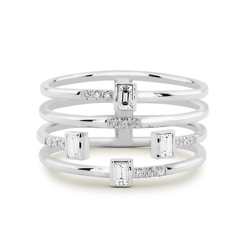 Four Line Ladies Ring Copper Plated Silver Zircon Party Jewelry Fashion Geometric Inlay Elegant Gift For Women