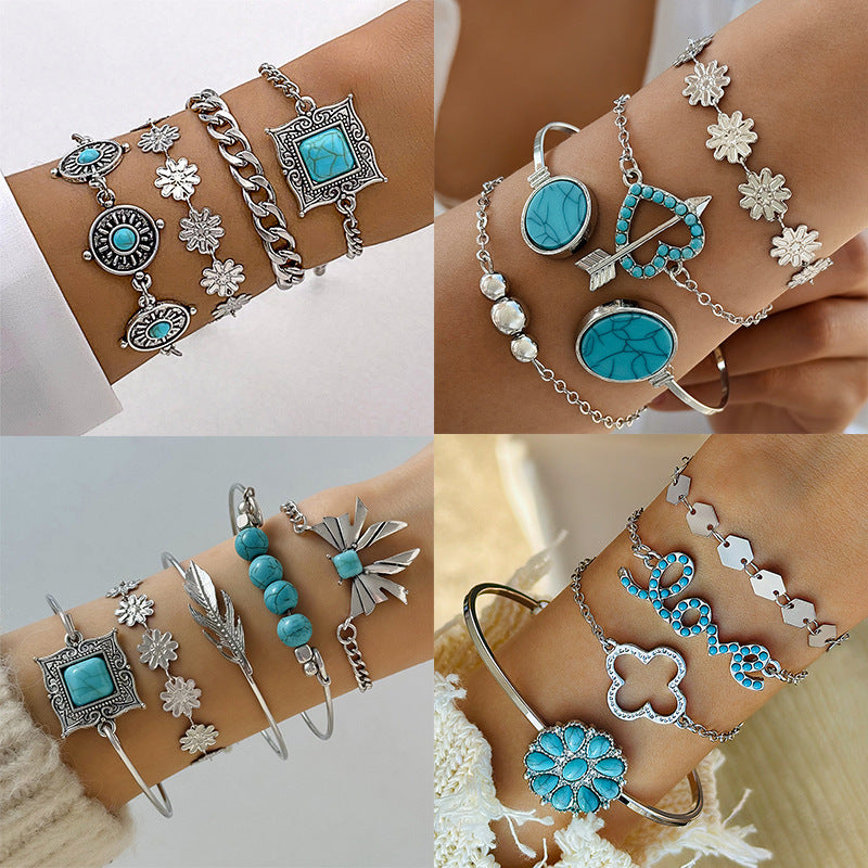Womens Bracelet Set Electroplated Alloy Fashion Jewelry Collection Turquoise Leaf And Bow Geometric Design Hand Jewelry
