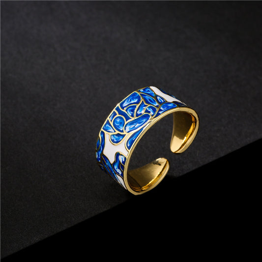 Adjustable Blue White Porcelain Ring With Zircon Inlay Copper Finish For Women Elegant Fashion Jewelry Daily Wear Gift