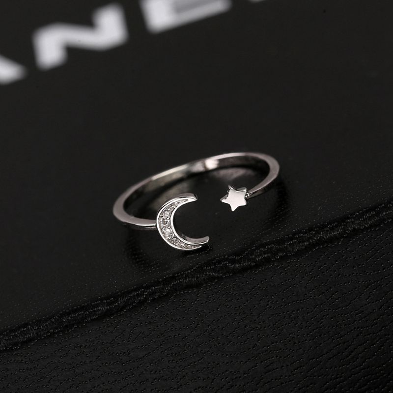 Womens Open Ring With Star And Moon Design Copper Ring Cubic Zirconia Crystal Fashion Jewelry Unique Ring Stylish