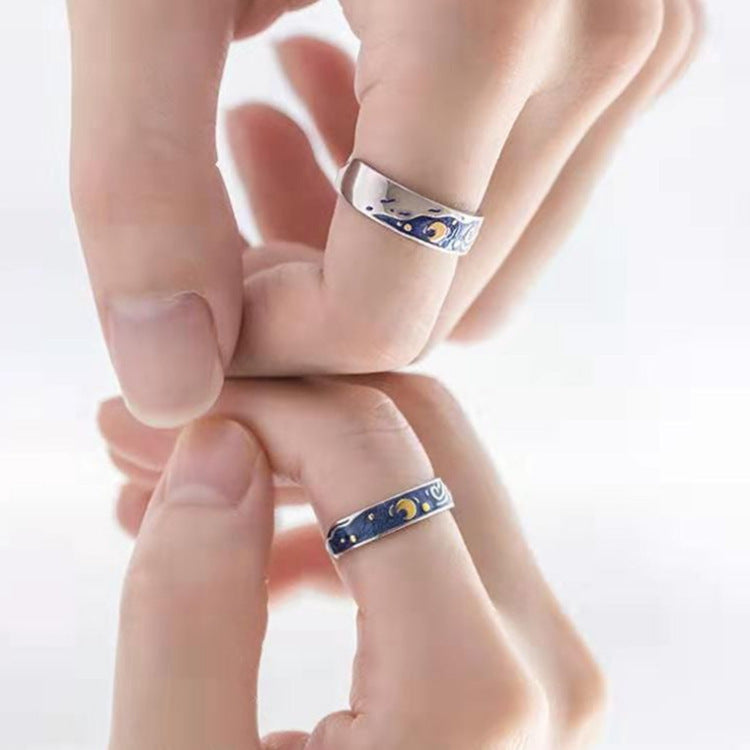 Blue Starry Sky Couple Couple Rings Ocean Blue Enamel Opening