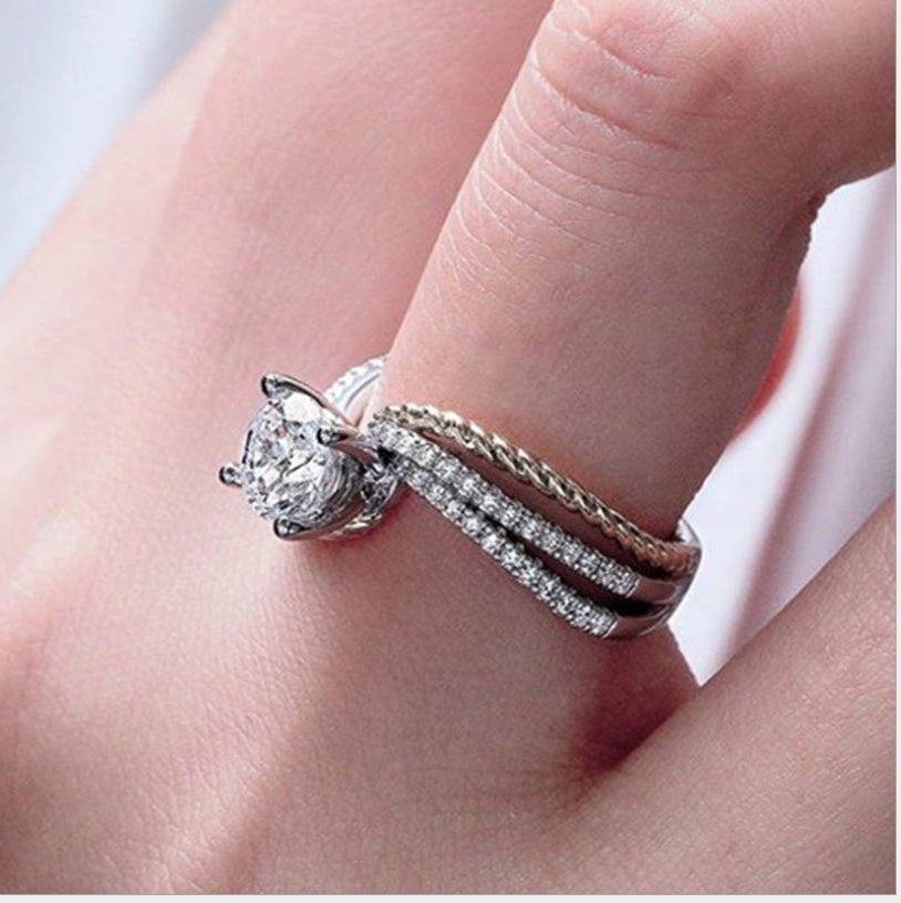 Women Zircon Inlaid Ring Two Tone Gold Plated Copper Geometric Fashion Jewelry Accessory Elegant Statement Wear