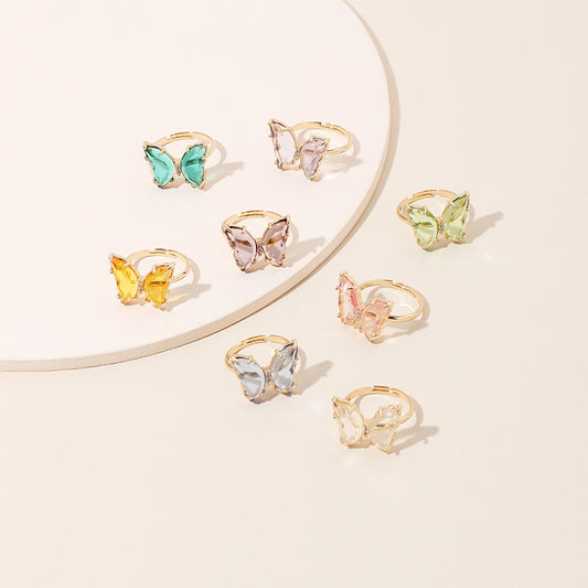 Womens Butterfly Ring Adjustable Crystal Inlay Alloy Insect Jewelry Korean Style Fashion Accessory Ladies Gift