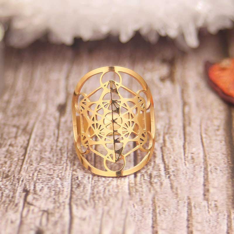 Adjustable Stainless Steel Ring Sacred Geometry Hollow Cube