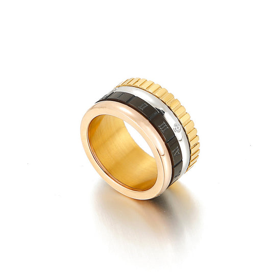 Womens Rhinestone Ring Stainless Steel Roman Band 12mm Wide Golden Finish Geometric European Fashion Ring Ring