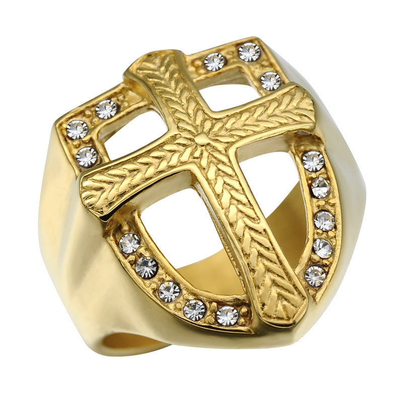 Titanium Steel Shield Ring with Cross Symbol Gold Plated Alloy Inlaid Gemstone Ring Men's Fashion Jewelry US Code 8 9 10 11 and 12