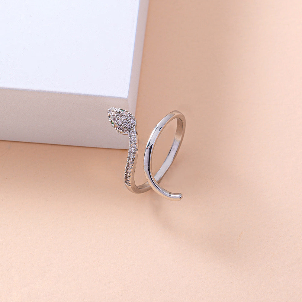Unisex Adjustable Copper Ring With Green Eye Snake Design Inlaid Zirconia Animalia Zodiac Ring Fashion Jewelry