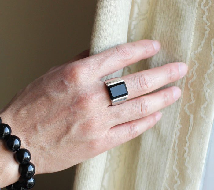 Mens Titanium Steel Ring Obsidian Inlay European American Retro Style Jewelry Gift For Him Obsidian Inlay Gems