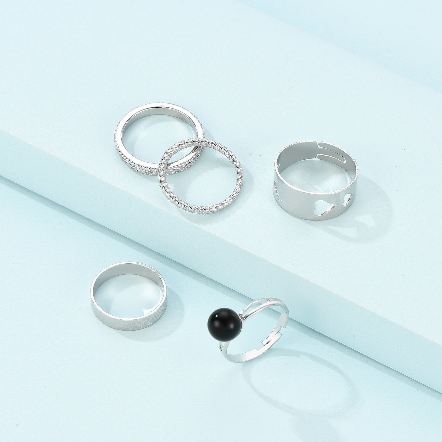 Womens Hollow Heart Ring Set Silver Tone Geometric Design Stackable Alloy Rings Chic Everyday Accessory Timely