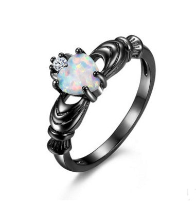 Womens Heart Opal Crown Ring Gunmetal Cocktail Jewelry Durable High Quality Elegant Style Gift For Ladies Chic