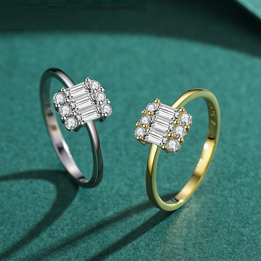 Sterling Silver Diamond Inlaid Geometric Ring European American Style Craftsmanship Elegant Handcrafted Jewelry