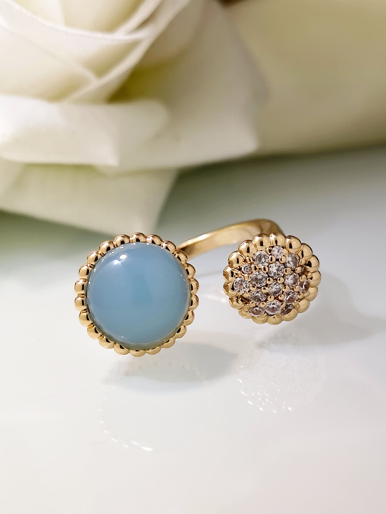 Rose Gold Geometric Ring Copper Zircon Accents Glass