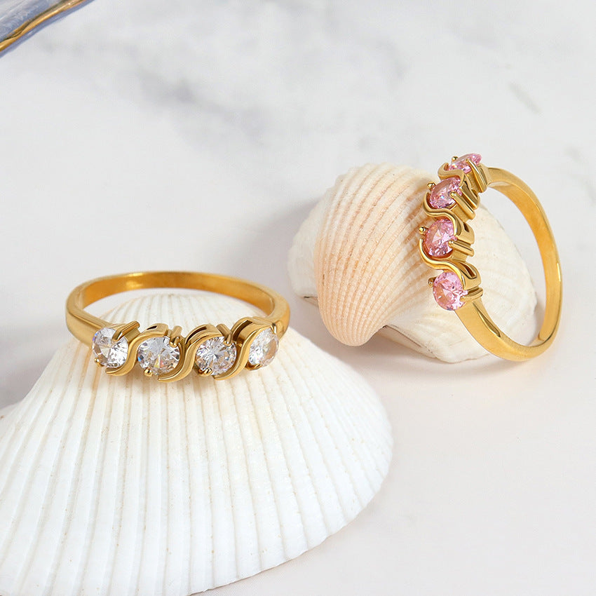 StainlessSteel Ring Unisex Pink Diamond And White Diamond Geometric Zircon Single Row Band Fashion Jewelry Set