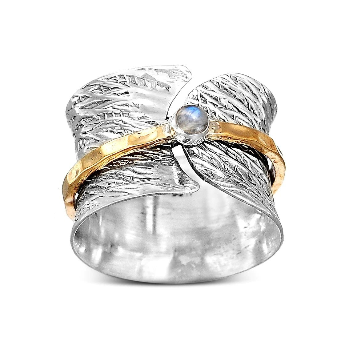 Two Tone Moonstone Ring Geometric Electroplated Alloy With Artificial Gemstones European Fashion Accessory Style
