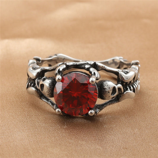 Titanium Steel Diamond Red Rock Ring Vintage Skull