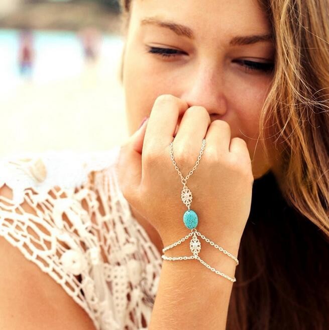 Turquoise Finger Bracelet Hollow Carved Alloy Gemstone Inlay Geometric Design Women Anniversary Gift Gift Idea