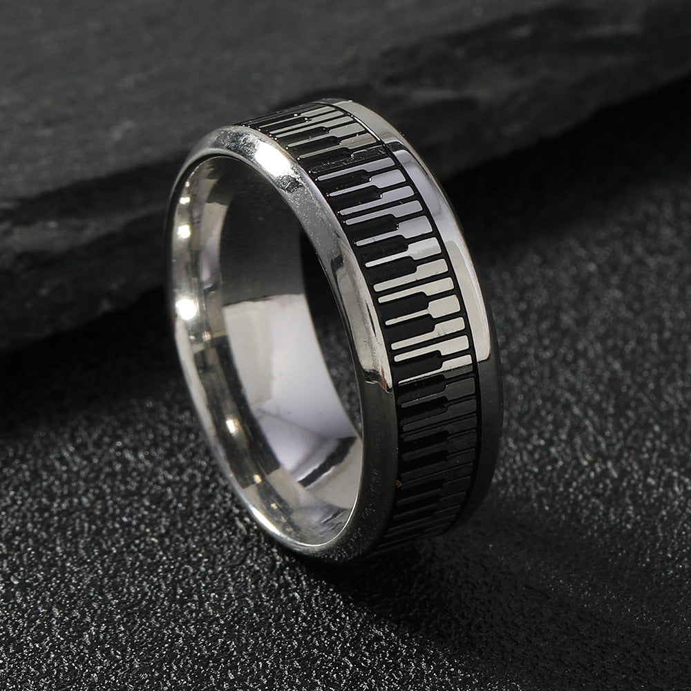 Mens Stainless Steel Ring With Black And White Piano Keys Design Electroplated Geometric Round Elements Jewelry