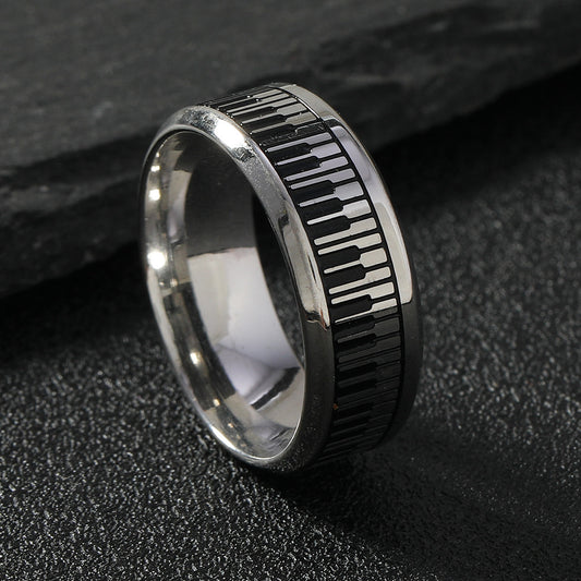 Mens Stainless Steel Ring With Black And White Piano Keys Design Electroplated Geometric Round Elements Jewelry