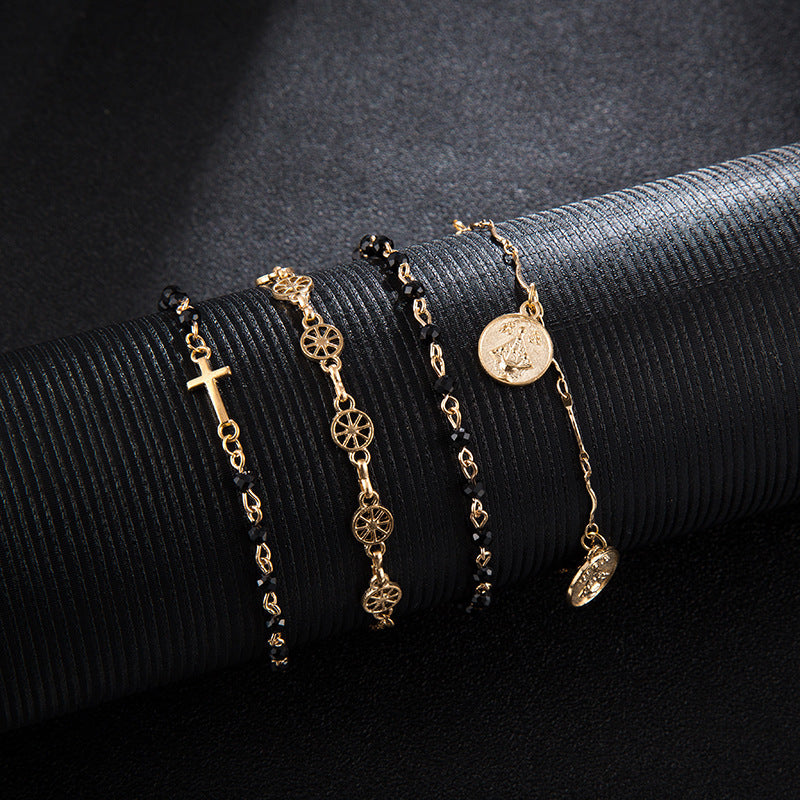 Unisex Four Piece Alloy Bracelet Set With Cross And Disc Continental Style Electroplated Travel Promotions Gift