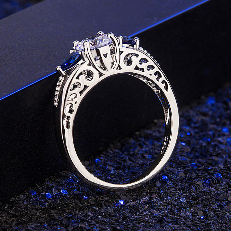 Heart Shaped Blue Rhinestone Zircon Ring Copper White Gold Plated Elegant Dainty Jewelry Gift For Everyday Use