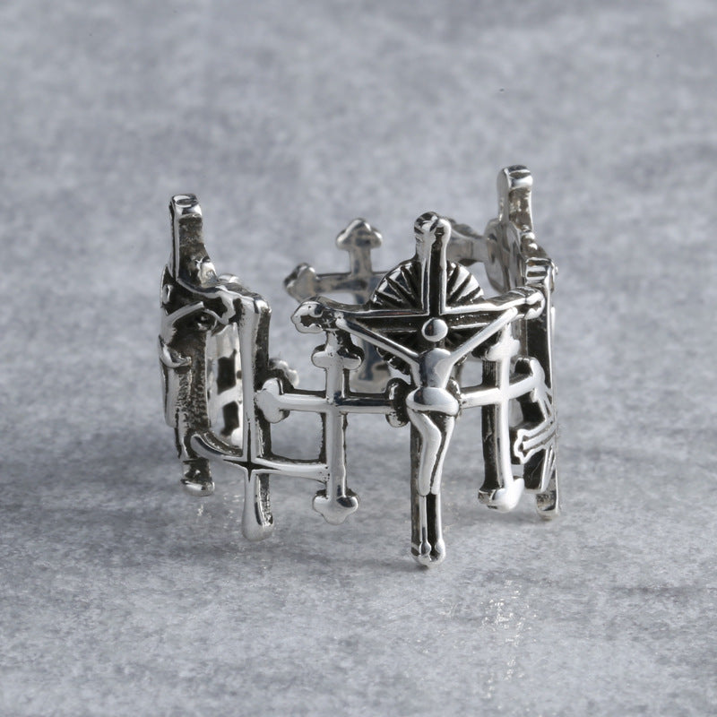 Unisex Adjustable Open Ring Vintage Punk Geometric Cross Copper Ring With Thai Silver Finish Everyday Wear Pro