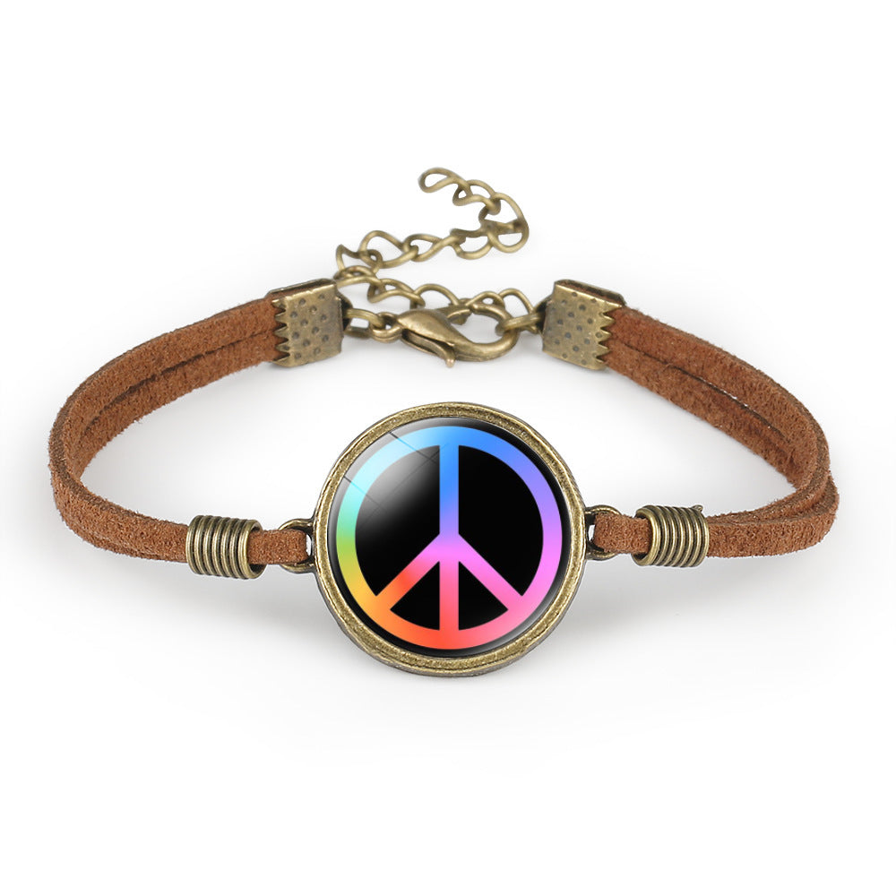 Unisex Leather Bracelet Peace Sign Retro Geometry Pattern With Crystal Inlay And Distressed Finish Packed Gift