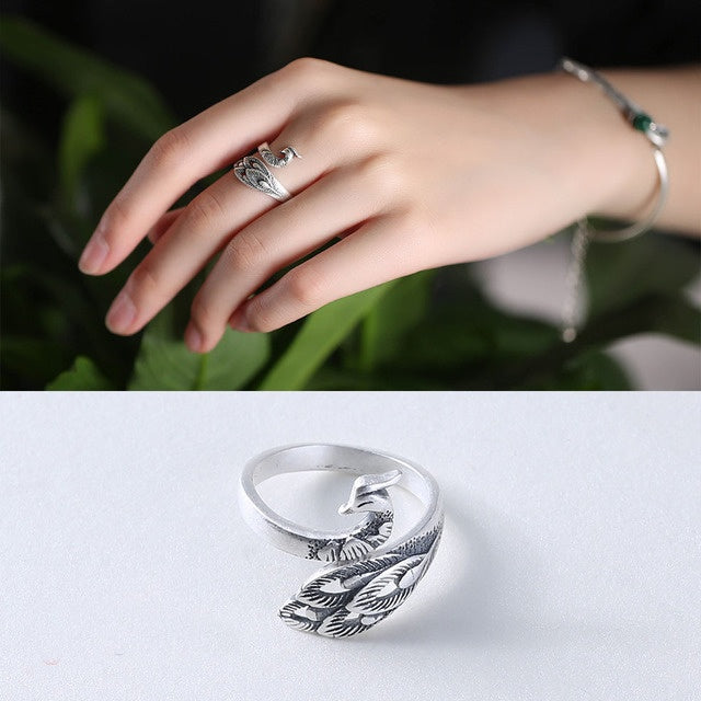 Adjustable Material Opening Silver Peacock Animal Zodiac Ring Fashion Jewelry Gift for Her Vintage Style Sizes