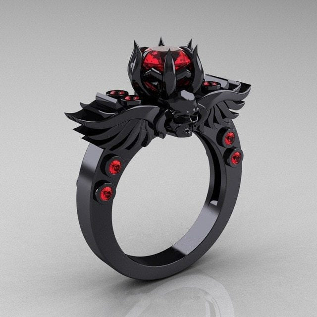 Gothic Skull Ring With Ruby Gemstones Sterling Silver Copper Jewelry For Women Statement Fashion Accessory Wedding