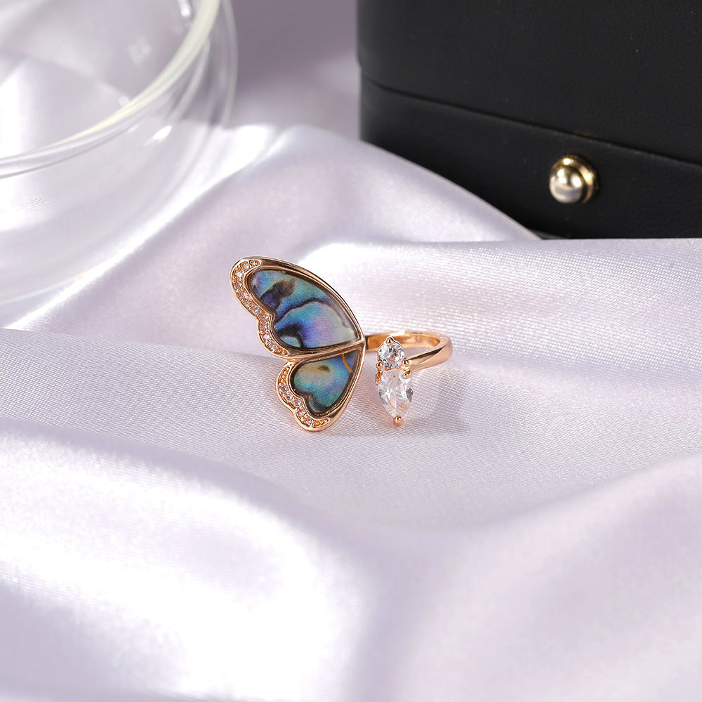 Copper Seashell Wing Ring Inlaid Zircon Dainty Jewelry For Women Korean Fashion Accessory Gift With Zircon Gem