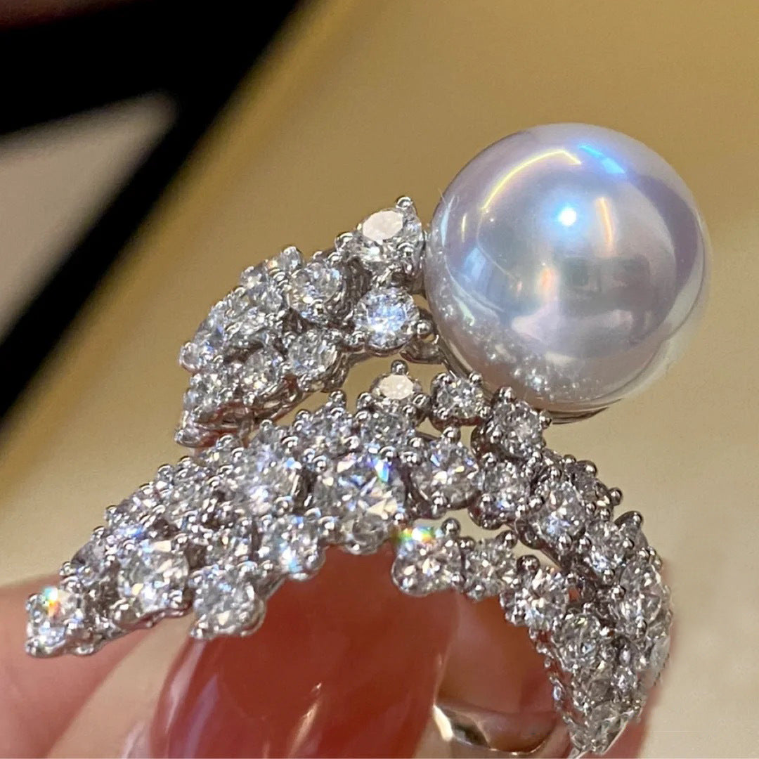 Niche Trendy Retro High Grade Full Diamond Ring For Women Copper Pearl Accent Jewelry Elegant Shine Glow Spark