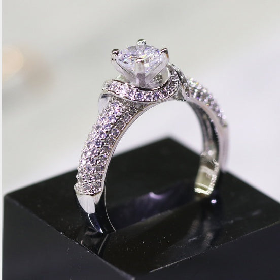 Womens Flower Ring White Gold Petal Design with Zircon Inlay Elegant Fashion Jewelry Gift for Her Anniversary Present or Special Occasion