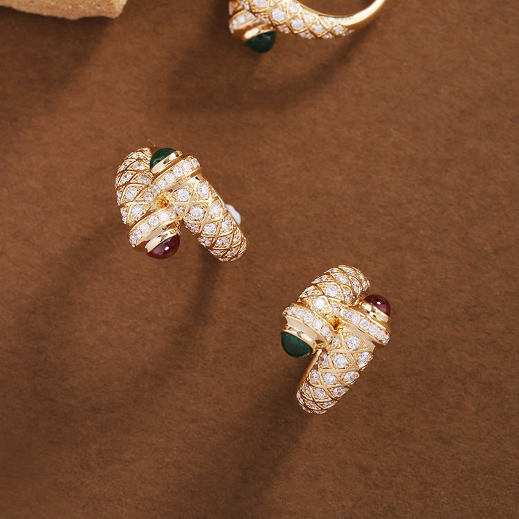 Gold Plated Diamond Micro Set Ring Geometric Antique Design With Red And Green Gemstones US Size Six For Women