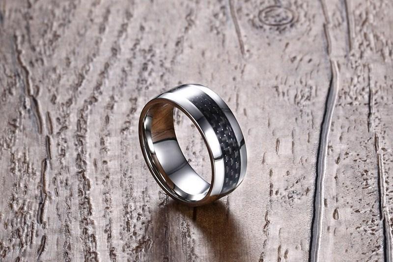 Mens Stainless Steel Carbon Fiber Ring Geometric Design Durable Band For Him Holiday Gift European American Inspired