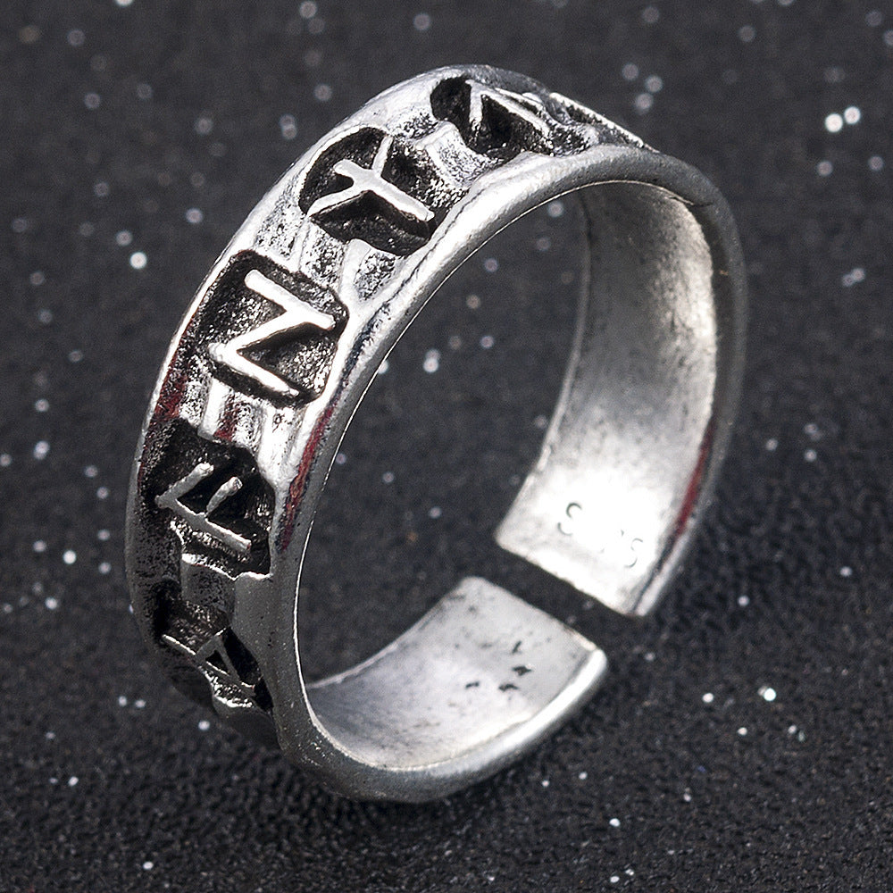 Unisex Geometric Ring Adjustable Opening Ancient Silver Finish Alloy Vintage Design For Everyday Wear Comfort Fit