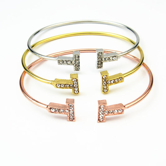 Rhinestones T Bracelet Alloy Jewelry Rose Gold For Women And Girls Elegant Fashion Accessory Gift Idea For Her