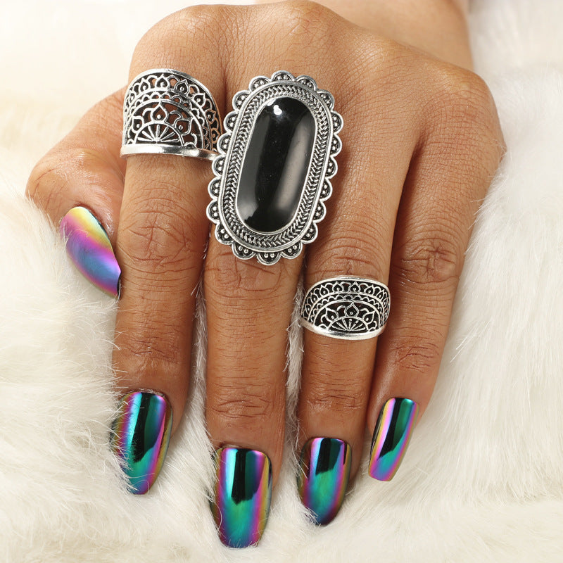 Vintage Black Gem Ring Set 3 Piece Alloy Electroplated Jewelry for Women and Girls Individually Packed Vintage