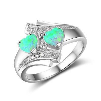 Womens Double Heart Ring Alloy Metal Gemstone Inlay Geometric Ring Fashion Jewelry Gift Green Blue Modern Look